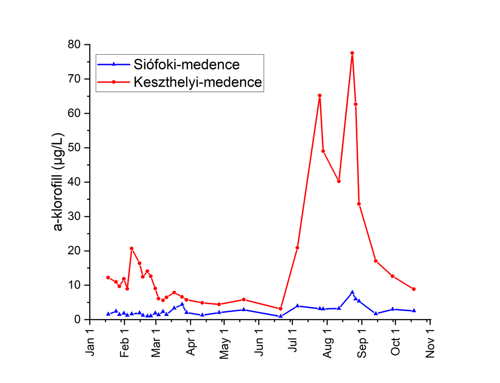 A fitoplankton mennyiségének (a-klorofill koncentráció) változása a Siófoki- és a Keszthelyi-medencében 2021-ben.