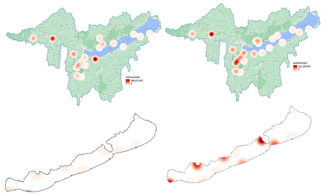 A karbamazepin megoszlása hőtérképeken 2017-2020-ban (főszezon: bal, utószezon: jobb oldal; Soóki Anna, MSc diplomamunka, Soproni Egyetem, Erdőmérnöki Kar, 2022). 