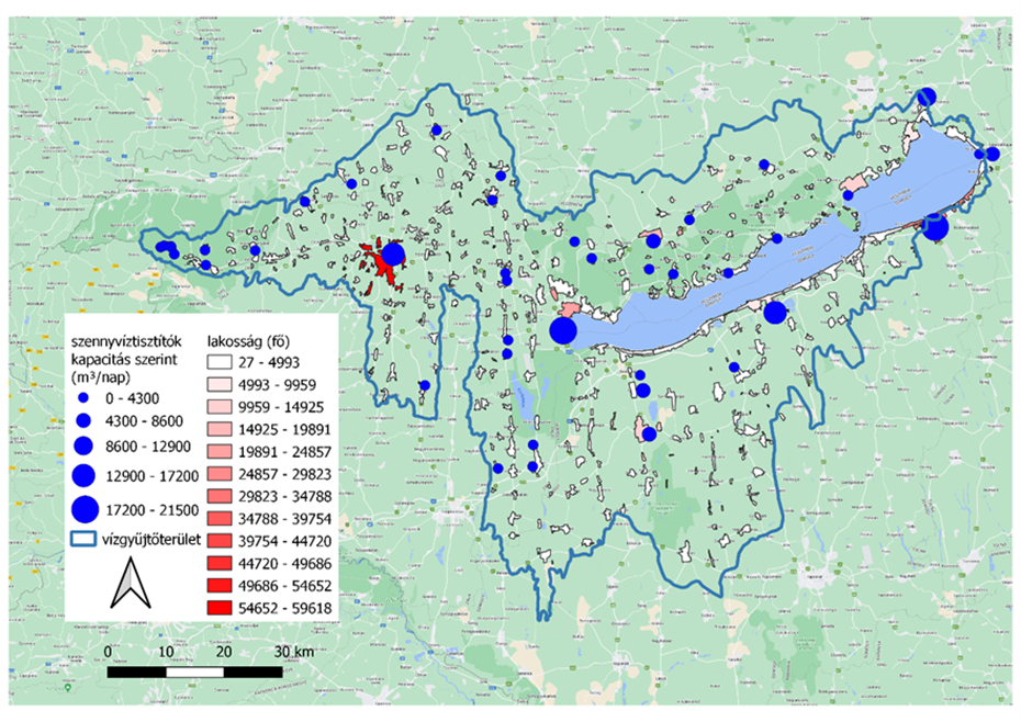 A szennyvíztisztítók lokális helyzete és kapacitása, továbbá a települések lakosságszáma a vízgyűjtőn. (Soóky Anna, MSc diplomamunka, Soproni Egyetem, Erdőmérnöki Kar, 2022)