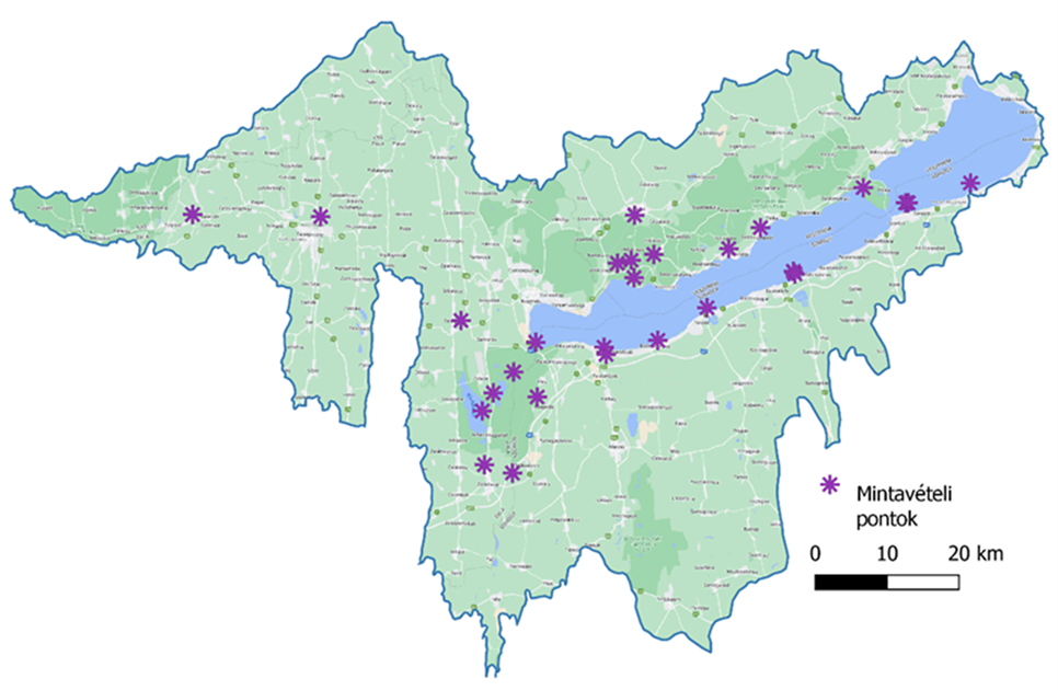 Általános mintagyűjtési pontok a Balatonon és annak vízgyűjtőjén (csillagok). (Soóki Anna, MSc diplomamunka, Soproni Egyetem, Erdőmérnöki Kar, 2022)